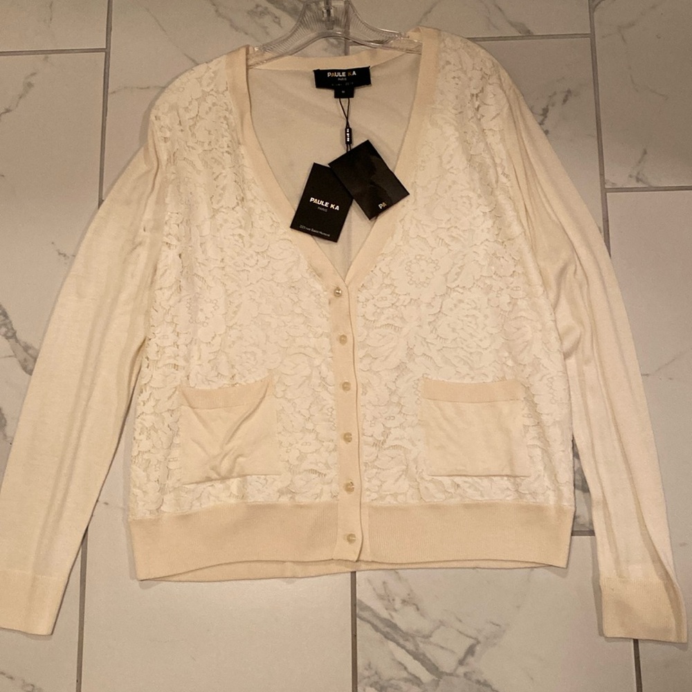 Paule Ka ivory floral lace ivory cardigan